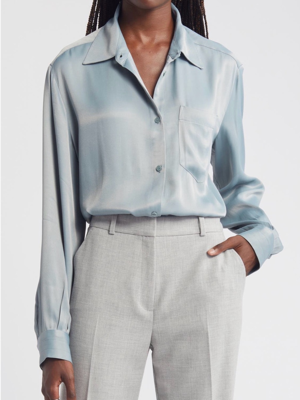 Nordstrom Gray Plum Puff long Sleeve Satin Silk-Feel Blouse